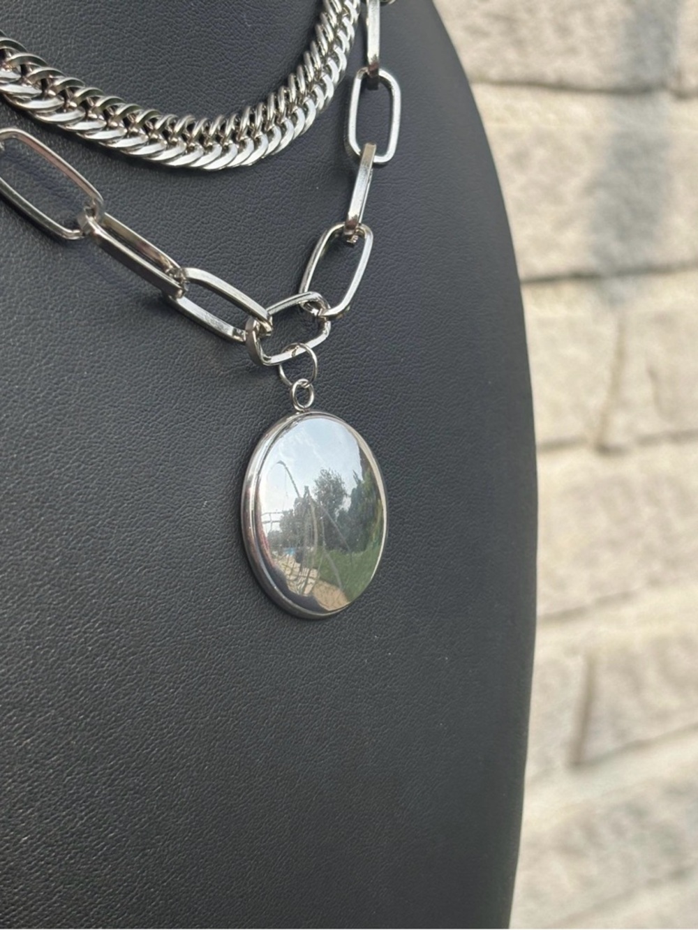 Silver Layered Chain Necklace with Round Pendant - Picture 5 of 6